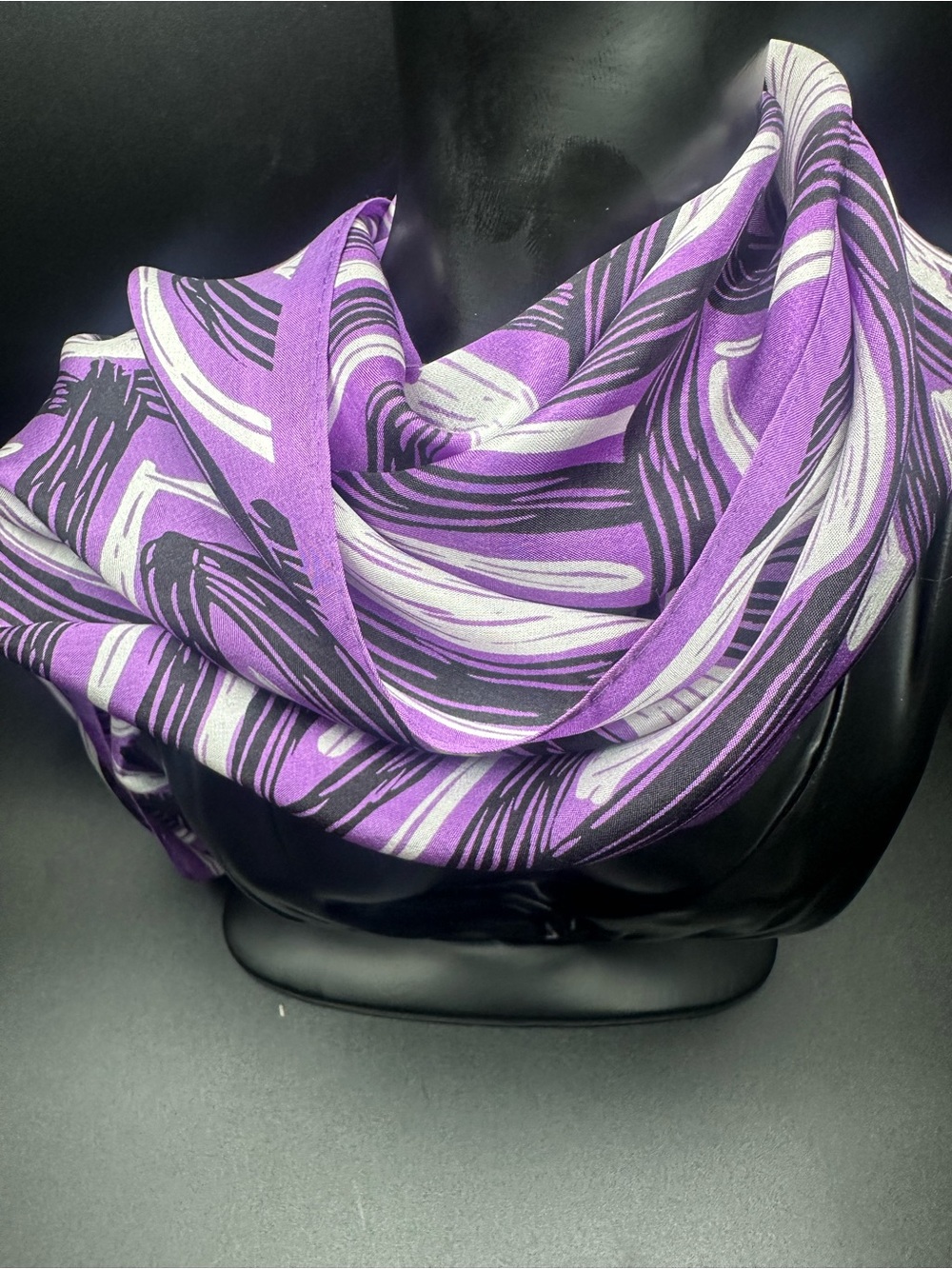 Honey — Purple, Black & White Abstract Swirl Silk Scarf